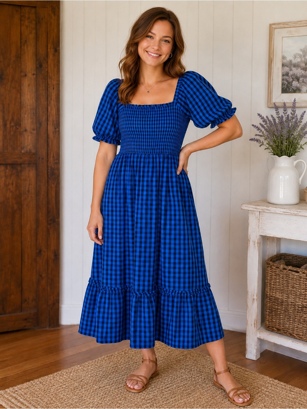 Women’s  Draper James Blue Gingham Smocked Midi Dress - Medium